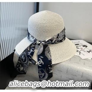 Best Grade Chanel Straw Bucket Hat with Bandeau Charm 0318 White 2025