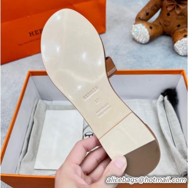 1:1 aaaaa Hermes Santorini Flat Sandals in Calfskin with Stitches Brown 2025 H090901