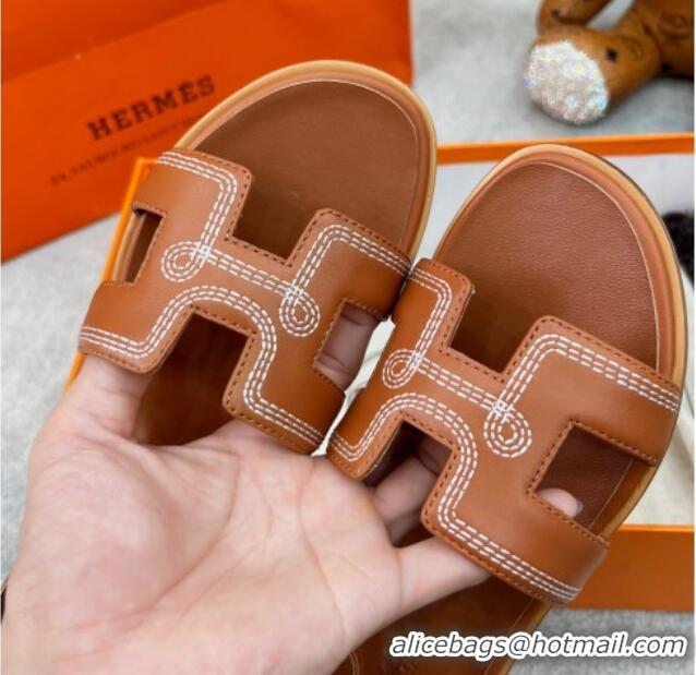 1:1 aaaaa Hermes Santorini Flat Sandals in Calfskin with Stitches Brown 2025 H090901