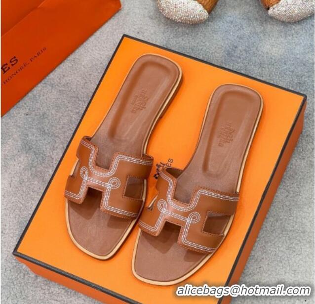 Stylish Hermes Oran Flat Slides Sandal in Calfskin with Stitches Brown 2025 H090901