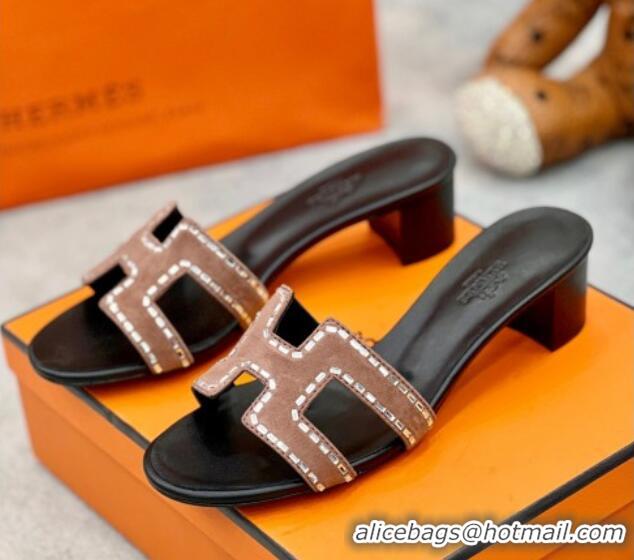 Hot Style Hermes Oasis Classic Heel Slides Sandal in Suede with Strass Powder Pink 2025 H02271