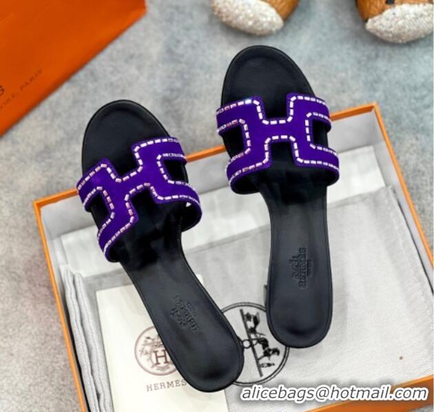 Good Looking Hermes Oasis Classic Heel Slides Sandal in Suede with Strass Purple 2025 H02271