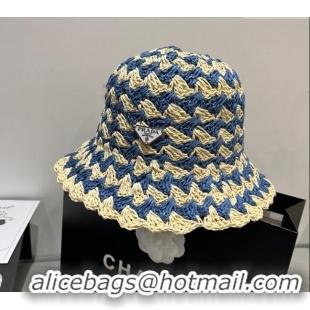 Super Quality Prada Triangle Straw Bucket Hat P8081 Beige/Blue 2025