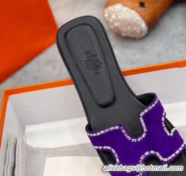 Trendy Design Hermes Oran Classic Flat Slides Sandal in Suede with Strass Purple 2025 H02271