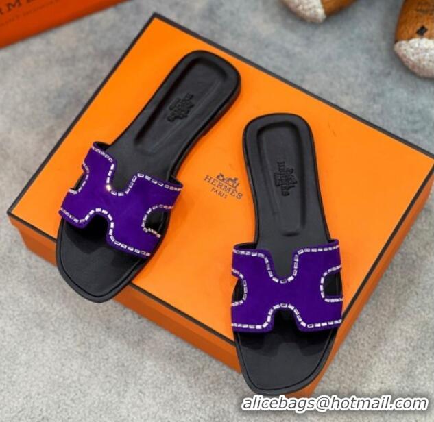 Trendy Design Hermes Oran Classic Flat Slides Sandal in Suede with Strass Purple 2025 H02271