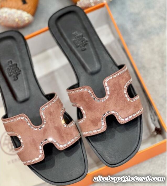 Luxury Discount Hermes Oran Classic Flat Slides Sandal in Suede with Strass Powder Pink 2025 H02271
