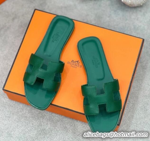 Best Product Hermes Oran Classic Flat Slides Sandal in Epsom Leather Dark Green 2025 H02272