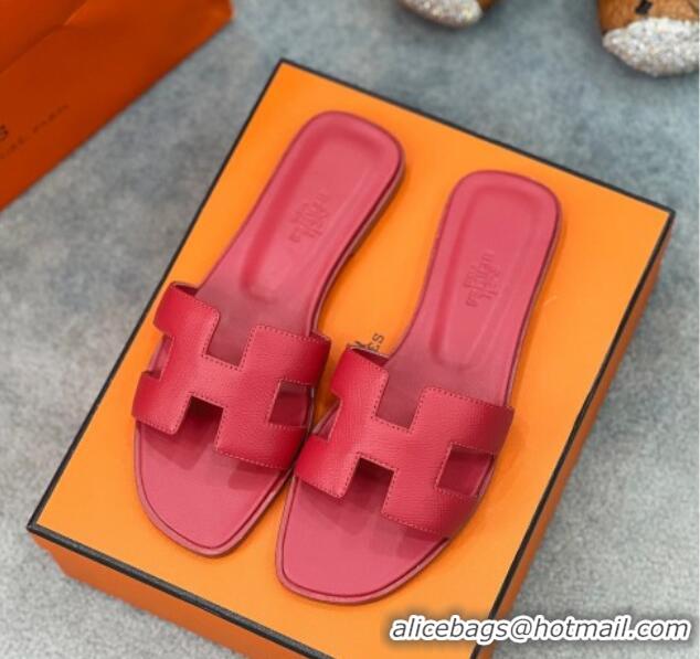 Good Quality Hermes Oran Classic Flat Slides Sandal in Epsom Leather Dark Pink 2025 H02272