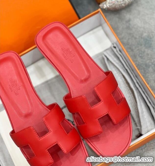 Top Grade Hermes Oran Classic Flat Slides Sandal in Swift Leather Red 2025 H02272