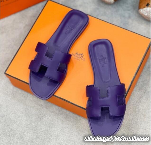 Stylish Hermes Oran Classic Flat Slides Sandal in Swift Leather Dark Purple 2025 H02272