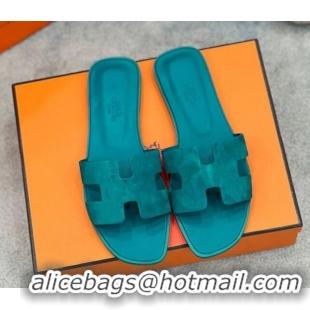 Pretty Style Hermes Oran Classic Flat Slides Sandal in Suede Green 2025 H02272