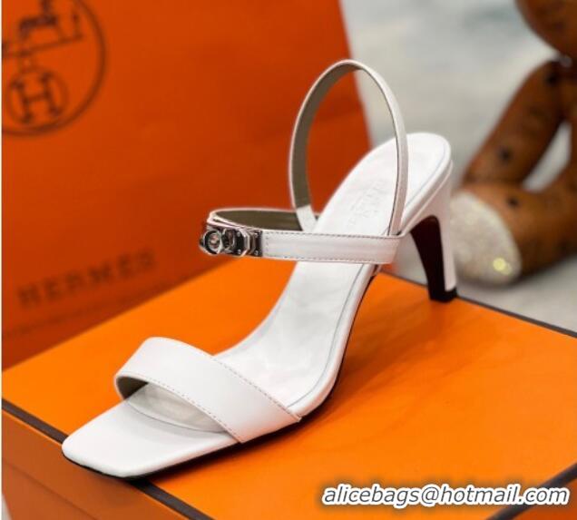 Grade Quality Hermes Glamour Calfskin Heel Sandals 7.5cm with Kelly Buckle White 2025 H02273