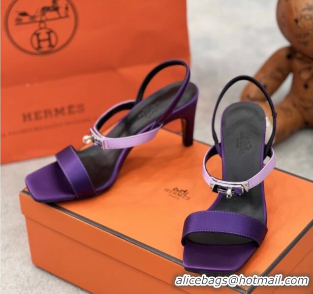 Good Quality Hermes Glamour Satin Heel Sandals 7.5cm with Silver-Tone Kelly Buckle Dark Purple 2025 H02273