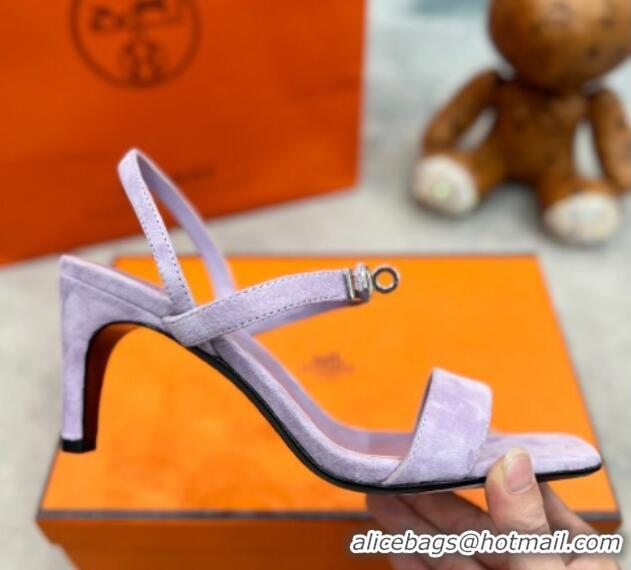 Stylish Hermes Glamour Suede Heel Sandals 7.5cm with Kelly Buckle Purple 2025 H02273