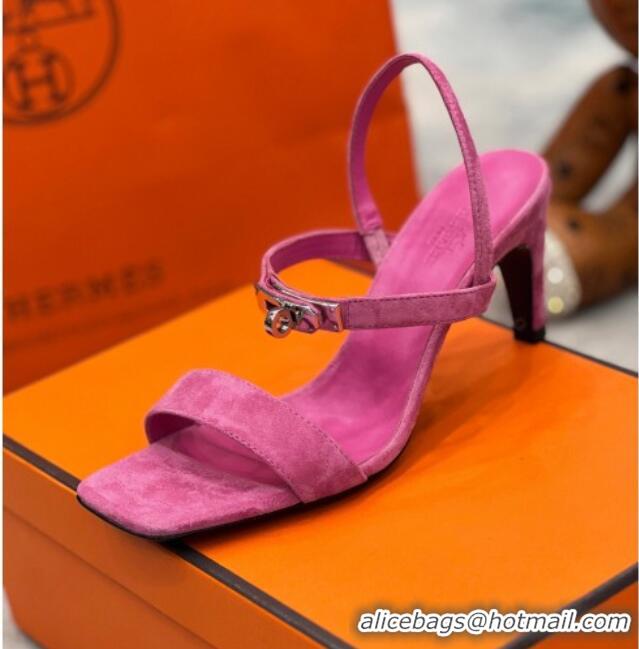 Best Grade Hermes Glamour Suede Heel Sandals 7.5cm with Kelly Buckle Pink 2025 H02273