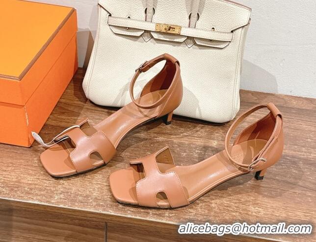 Durable Hermes Joy Heel Sandals 4cm in Smooth Leather Brown 2025 H02274