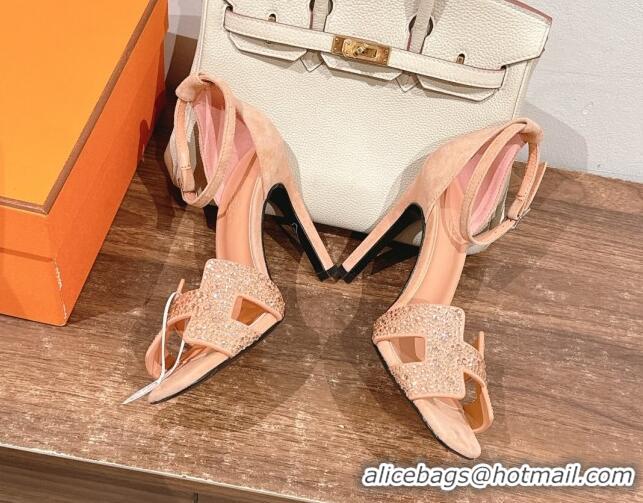 Sumptuous Hermes Joy Heel Sandals 10.5cm in Suede and Strass Light Pink 2025 H02274