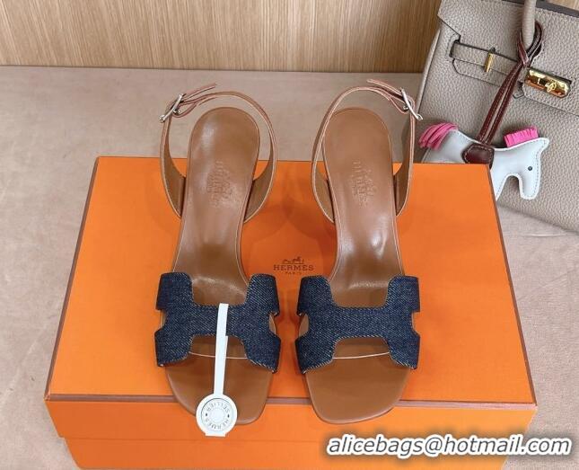 Unique Style Hermes Eremite Heel Sandals 8cm in Denim and Leather Dark Blue 2025 H02275