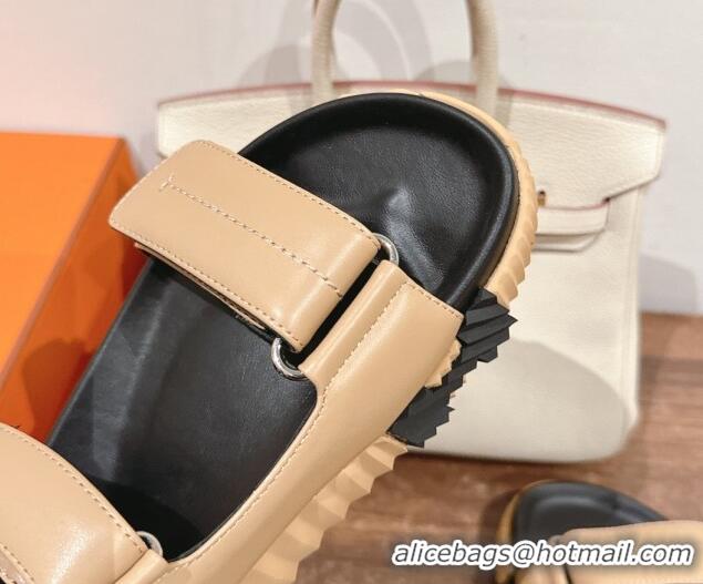 Stylish Hermes Junior Strap Flat Sandals in Calfskin Beige 0227093