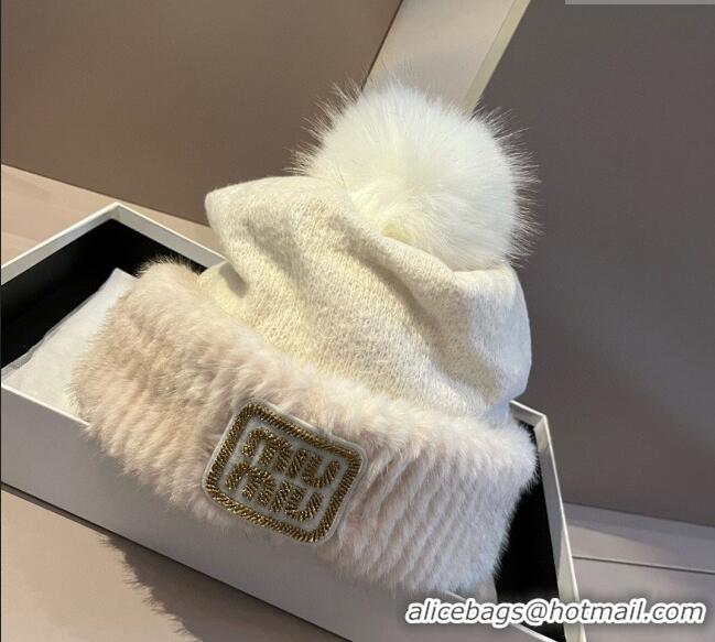 Low Cost Miu Miu Knit Fur Hat 1128 White 2024