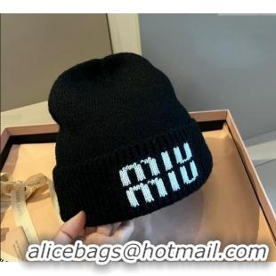 Cheapest Miu Miu Knit Hat with Logo 1128 Black 2024