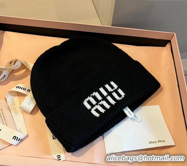 Cheapest Miu Miu Knit Hat with Logo 1128 Black 2024