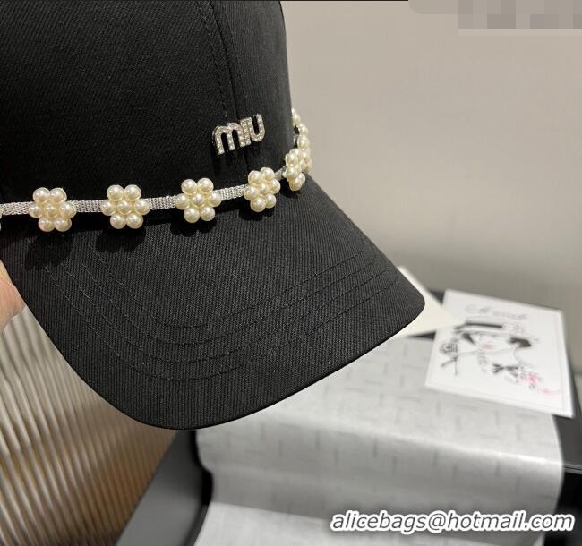 Top Design Miu Miu Canvas Baseball Hat with Pearls Bloom 8090 Black 2025