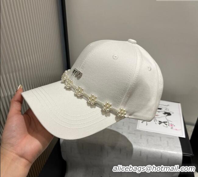 Modern Classic Miu Miu Canvas Baseball Hat with Pearls Bloom 8090 White 2025