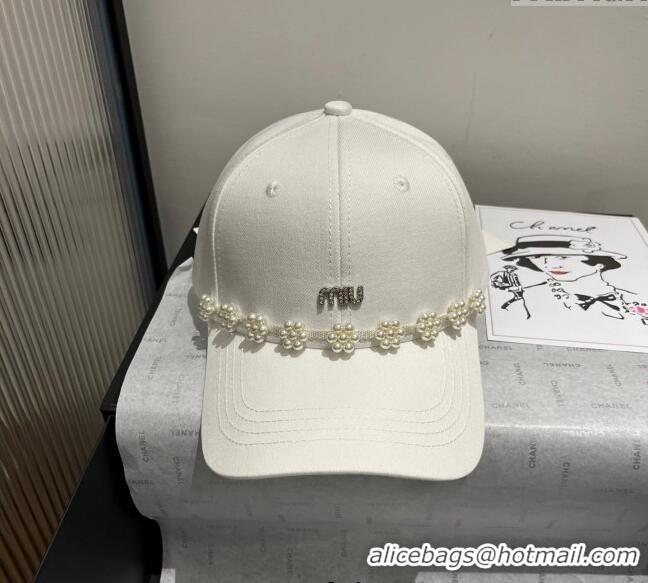 Modern Classic Miu Miu Canvas Baseball Hat with Pearls Bloom 8090 White 2025