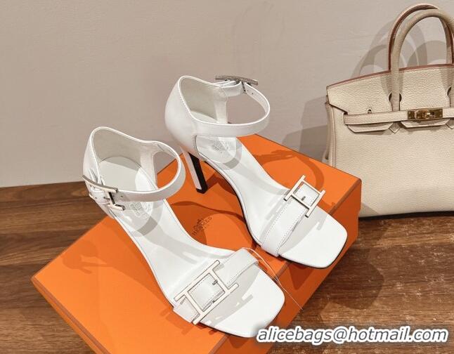 Charming Hermes Judy Heel Sandals 10.5cm in Calfskin with Hapi Buckle White 2025 H02276