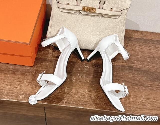 Good Quality Hermes Judy Heel Sandals 7cm in Calfskin with Hapi Buckle White 2025 H02276