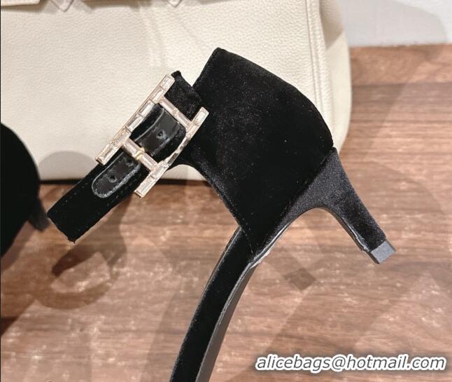 Classic Hot Hermes Judy Heel Sandals 4.5cm in Velvet with Strass Hapi Buckle Black 2025 H02276