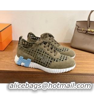 Low Price Hermes Bouncing Sneakers in Woven Mesh and Suede Green 50418052