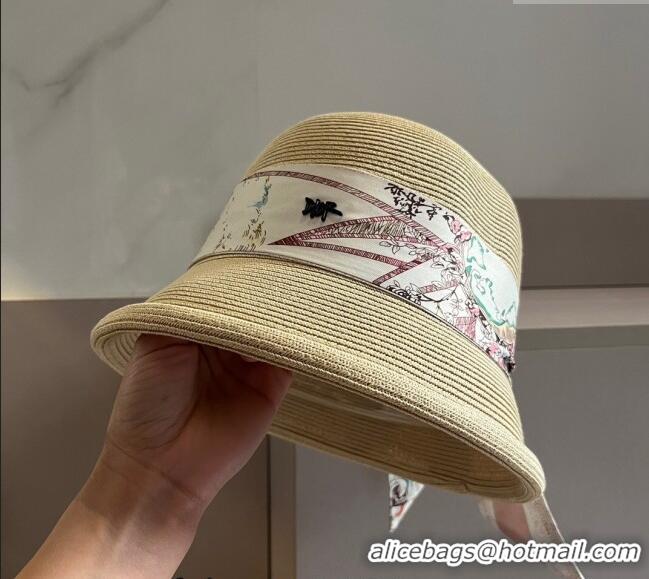 Top Quality Dior Straw Bucket Hat with Silk Bandeau 0403 Beige 2024