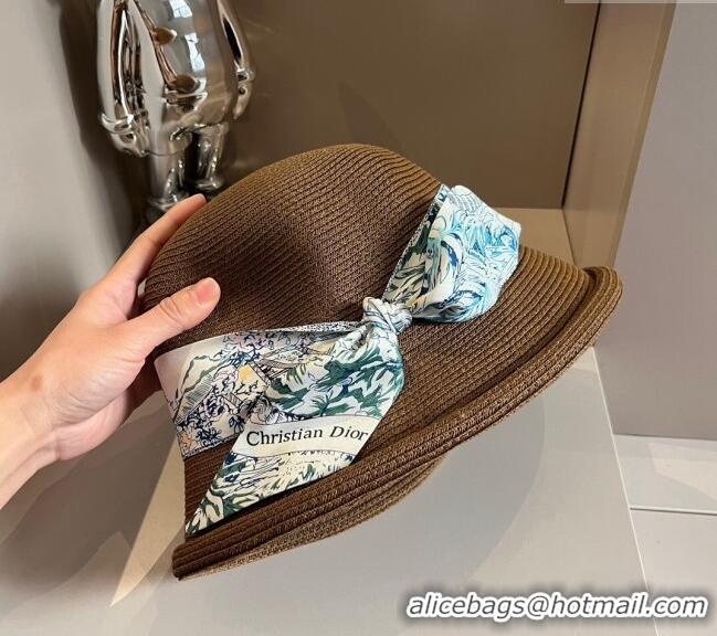 New Product Dior Straw Bucket Hat with Silk Bandeau 0403 Brown 2024