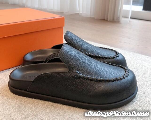 Duplicate Hermes Johan Flat Mules in Grained Calfskin Black 0418114