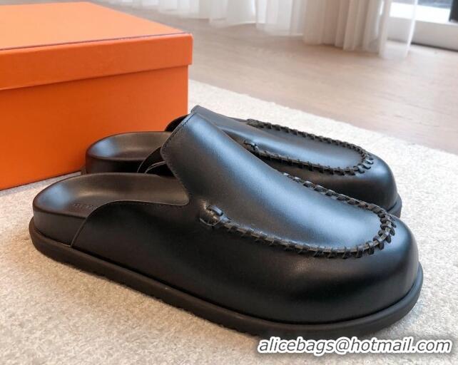 Sumptuous Hermes Johan Flat Mules in Calfskin Leather Black 0418115