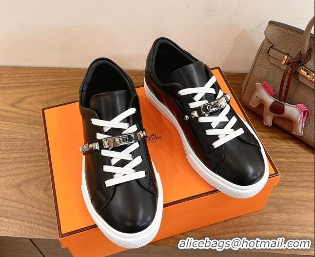Grade Quality Hermes Day Sneakers with Studs Kelly Buckle in Calfskin Leather Black 0419002
