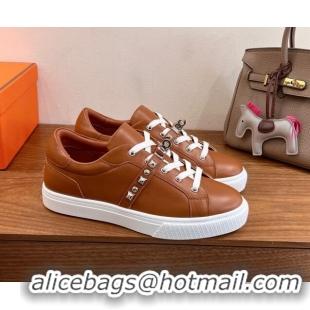 Good Looking Hermes Day Sneakers with Studs Kelly Buckle in Calfskin Leather Brown 0419004