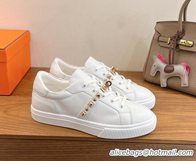 Unique Style Hermes Day Sneakers with Studs Kelly Buckle in Calfskin Leather White/Gold 0419005