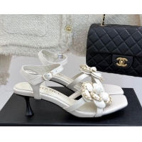 Best Grade Chanel Lambskin Heel Sandals 5.cm with Camellia Bloom and Chain White 2025 CH030306