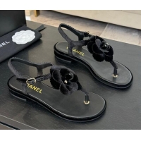 Best Price Chanel Velvet Flat Thong Sandals with Camellia Bloom Black 2025 G45928