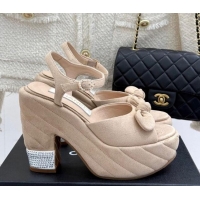 Good Looking Chanel Suede & Strass Platform Sandals with Bow Beige 2025 CH030315