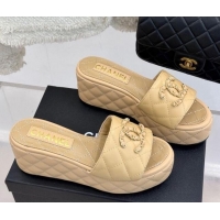 Grade Chanel Quilted Lambskin Wedge Slides Sandal 6.5cm with Chain CC Beige 2025 CH030318