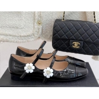 Stylish Chanel Patent Calfskin Mary Janes Ballet Flats with Camellia Bloom Double Strap Black 2025 CH030319
