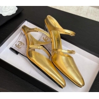 Buy Luxury Chanel Calfskin Wedge Mules with Buckle Strap and Clear Heel Gold Yellow 2025 CH030321