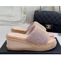 Top Design Chanel Tweed Wedge Slides Sandal 7cm with Chain and Stud CC Pink 2025 CH030401