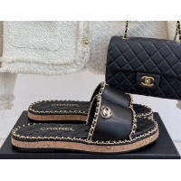Buy Luxury Chanel Calfskin Flat Slides Sandal with Chain and Heart Black 2025 CH030402