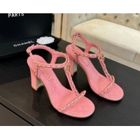 Buy Luxury Chanel Lambskin Heel Sandals 8.5cm with Chain and Heart G46109 Pink