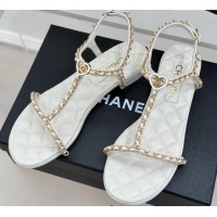 Stylish Chanel Lambskin Flat Sandals with Chain and Heart G46109 White